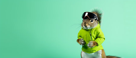 Funny squirrel in ski goggles and scarf isolated on background copy space winter concept.の素材