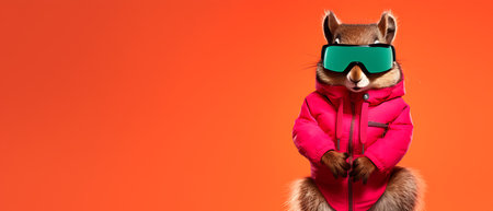 Funny squirrel in ski goggles and scarf isolated on background copy space winter concept.の素材