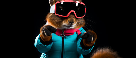 Funny squirrel in ski goggles and scarf isolated on background copy space winter concept.の素材
