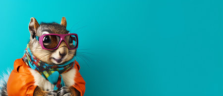 Funny squirrel in ski goggles and scarf isolated on background copy space winter concept.の素材