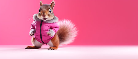 Funny squirrel in ski goggles and scarf isolated on background copy space winter concept.の素材