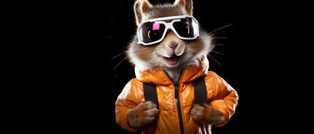 Funny squirrel in ski goggles and scarf isolated on background copy space winter concept.の素材
