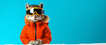 Funny squirrel in ski goggles and scarf isolated on background copy space winter concept.の素材