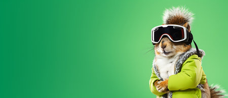 Funny squirrel in ski goggles and scarf isolated on background copy space winter concept.の素材