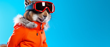 Funny squirrel in ski goggles and scarf isolated on background copy space winter concept.の素材