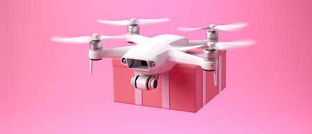 Drone with digital camera taking photo of gift box on white backgroundの素材