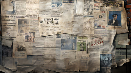 Old paper newpaper collage with grunge textures and stains. Can be used as backgroundの素材