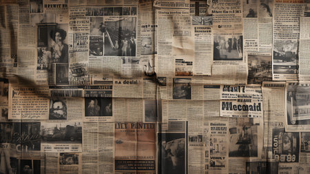 Old paper newpaper collage with grunge textures and stains. Can be used as backgroundの素材