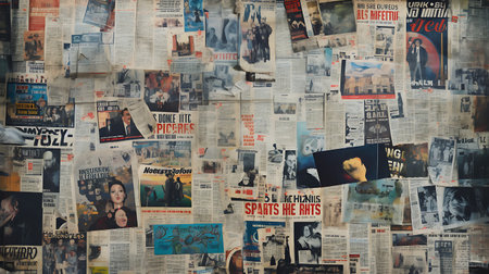Old paper newpaper collage with grunge textures and stains. Can be used as backgroundの素材