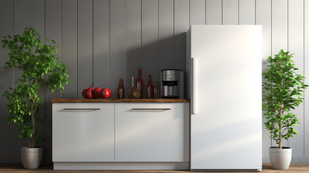 Blank Modern Refrigerator mockup in front of a wallの素材