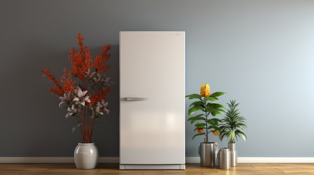Blank Modern Refrigerator mockup in front of a wallの素材