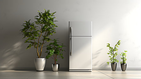 Blank Modern Refrigerator mockup in front of a wallの素材