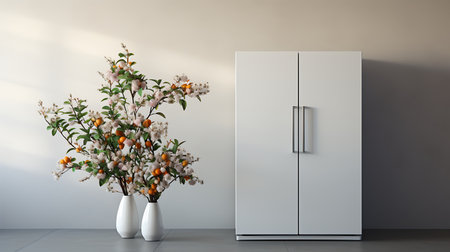 Blank Modern Refrigerator mockup in front of a wallの素材