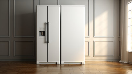 Blank Modern Refrigerator mockup in front of a wallの素材