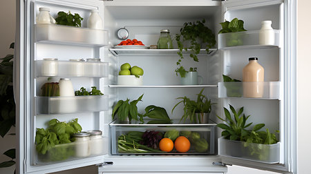 Blank Modern Refrigerator mockup in front of a wallの素材