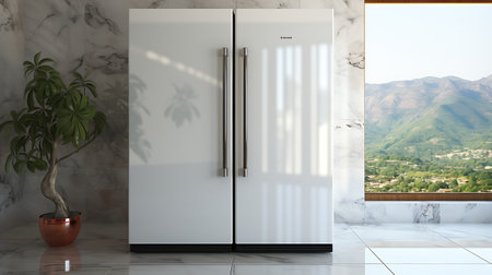 Blank Modern Refrigerator mockup in front of a wallの素材