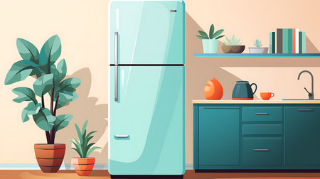 Blank Modern Refrigerator mockup in front of a wallの素材