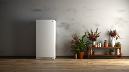 Blank Modern Refrigerator mockup in front of a wallの素材