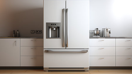 Blank Modern Refrigerator mockup in front of a wallの素材