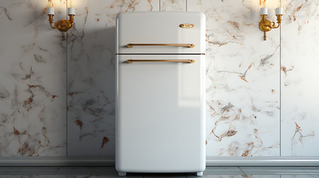 Blank Modern Refrigerator mockup in front of a wallの素材