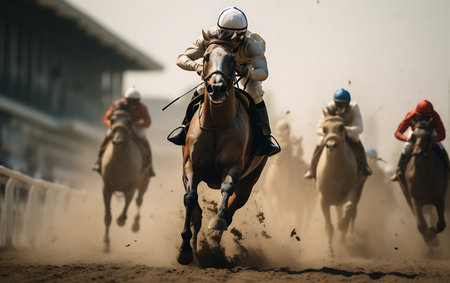 Horse race with jockeys on the racecourse at sunsetの素材