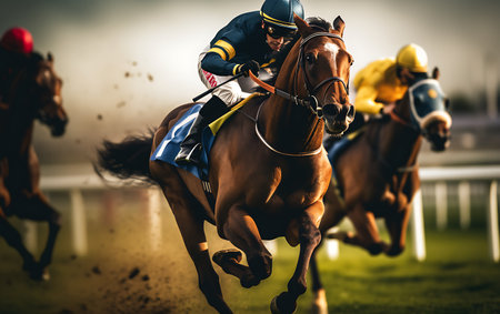 Horse race with jockeys on the racecourse at sunsetの素材