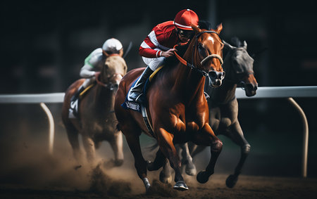 Horse race with jockeys on the racecourse at sunsetの素材