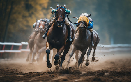Horse race with jockeys on the racecourse at sunsetの素材