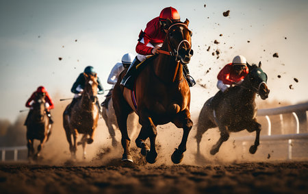 Horse race with jockeys on the racecourse at sunsetの素材