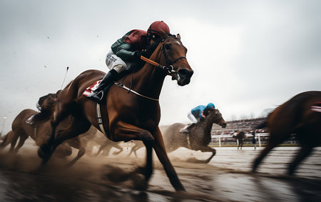 Horse race with jockeys on the racecourse at sunsetの素材
