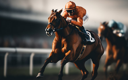 Horse race with jockeys on the racecourse at sunsetの素材