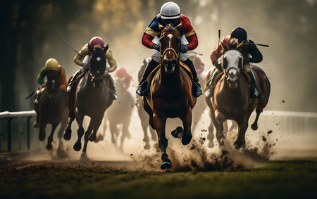 Horse race with jockeys on the racecourse at sunsetの素材