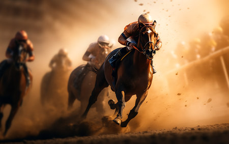 Horse race with jockeys on the racecourse at sunsetの素材