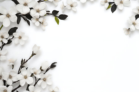 Beautiful blossoming branches on white background, top view. Space for textの素材