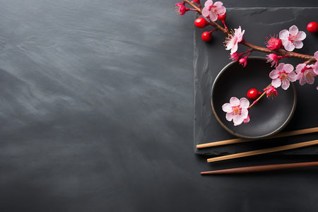 Beautiful blooming blossoms branches background, top view. Space for textの素材