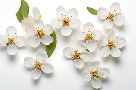 Beautiful blooming blossoms branches background, top view. Space for textの素材