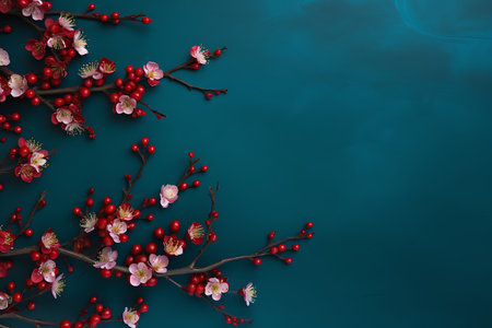 Beautiful blooming blossoms branches background, top view. Space for textの素材