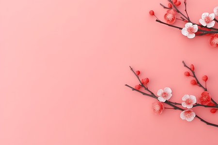 Beautiful blooming blossoms branches background, top view. Space for textの素材