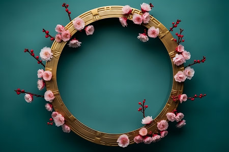 Beautiful blooming blossoms branches background, top view. Space for textの素材