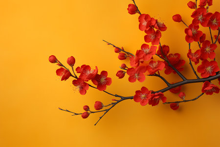 Beautiful blooming blossoms branches background, top view. Space for textの素材