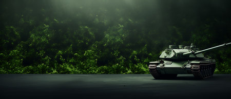 Military tank on dark forest background. 3D illustration. Military concept.の素材