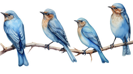 Watercolor bluebirds on a branch isolated on a white background.の素材