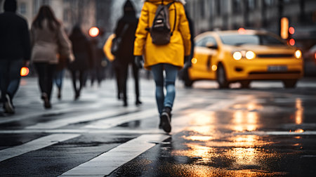 Blurred image of people walking on wet street in rainy day.の素材