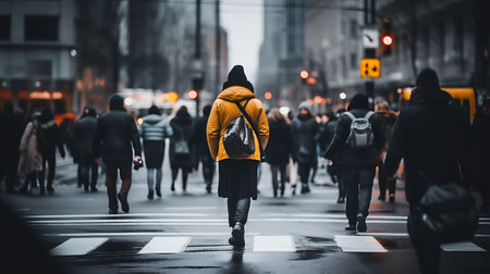 Rear view of a young man crossing a street in the cityの素材