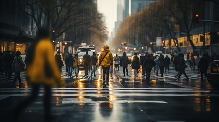 People walking on a rainy day in Paris, France. Intentional motion blurの素材