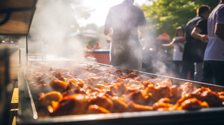 Grilled chicken on barbecue grill with people on background. Outdoor food festival.の素材