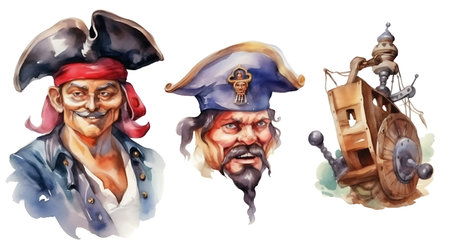 Pirate captain, pirate ship, captain and captain. Watercolor illustrationの素材