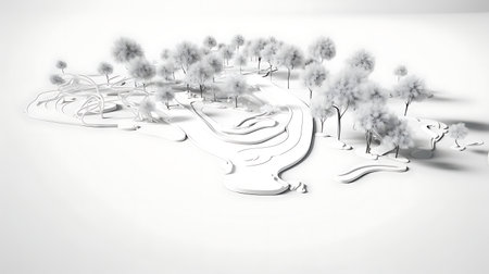 3D rendering of a snow covered landscape with trees in the backgroundの素材