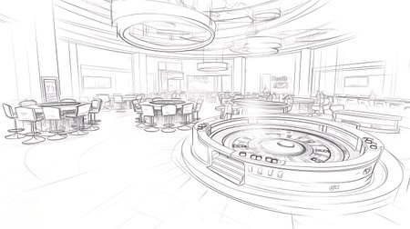 black and white sketch of casino interior with roulette table and chairsの素材