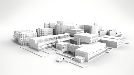 3d render of a modern office building in white background with shadowの素材